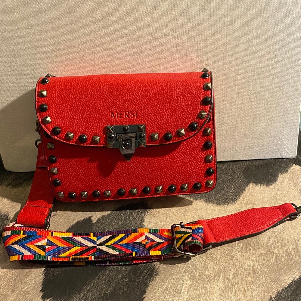 Red Studded Crossbody Bag with Colorful Strap